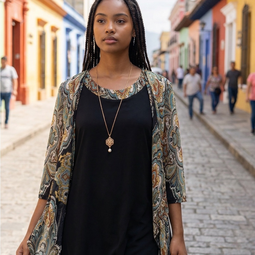 R&M Richards Black Dress with Multicolor Kimono